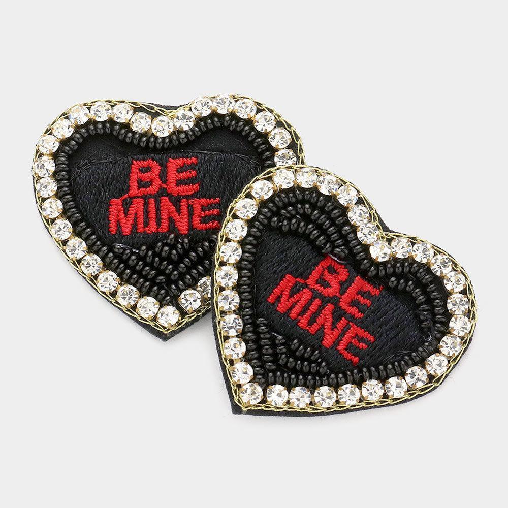 Black Felt Back BE MINE Message Embroidered Seed Bead Stone Embellished Earrings - Jewelry Store by Erik Rayo