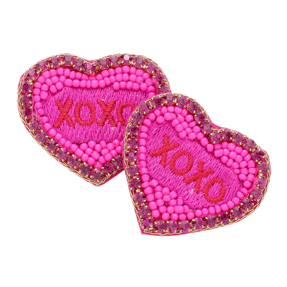 Fuchsia Felt Back XOXO Message Embroidered Seed Bead Stone Embellished Earrings - Jewelry Store by Erik Rayo