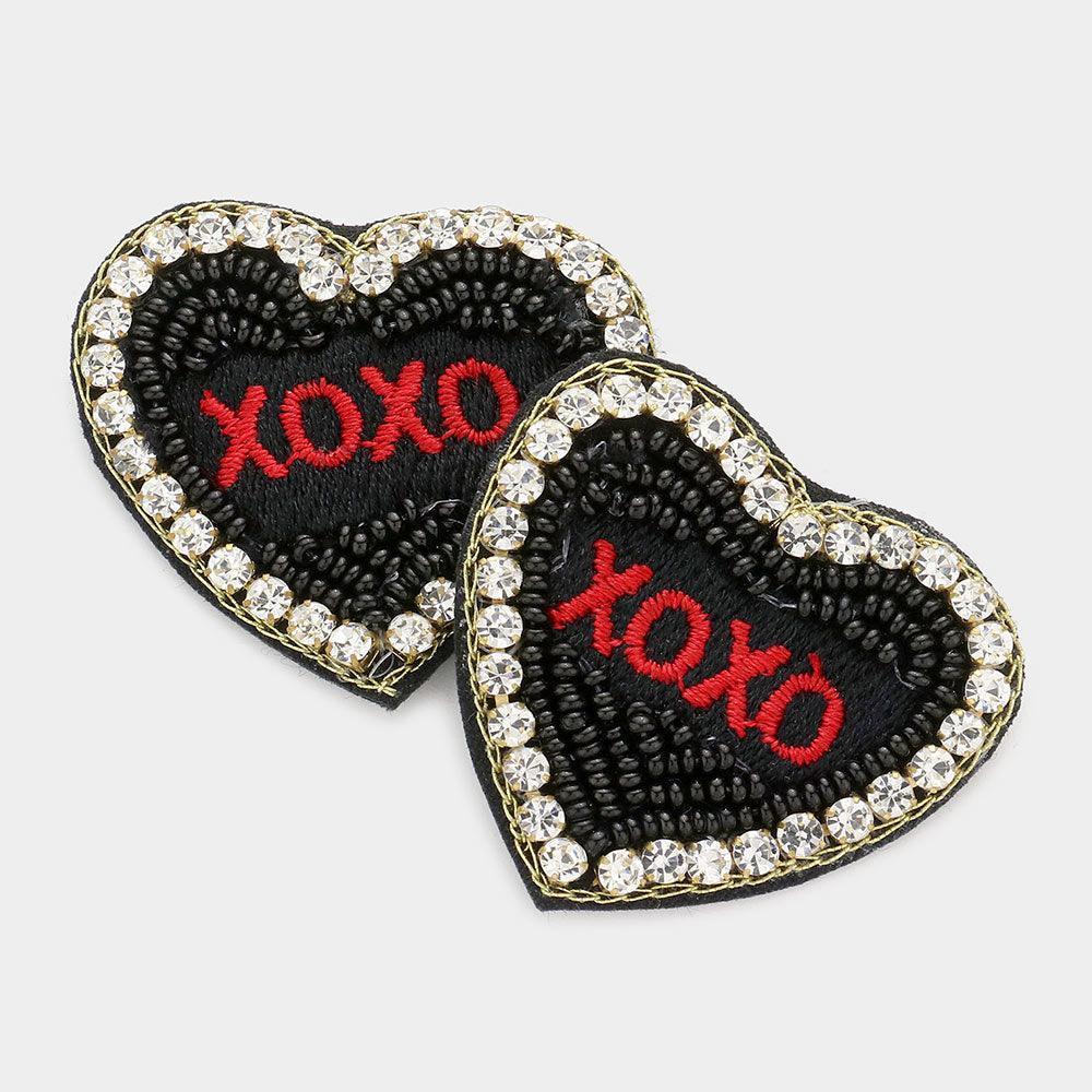 Black Felt Back XOXO Message Embroidered Seed Bead Stone Embellished Earrings - Jewelry Store by Erik Rayo