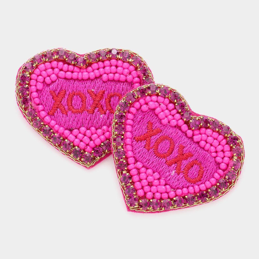 Fuchsia Felt Back XOXO Message Embroidered Seed Bead Stone Embellished Earrings - Jewelry Store by Erik Rayo