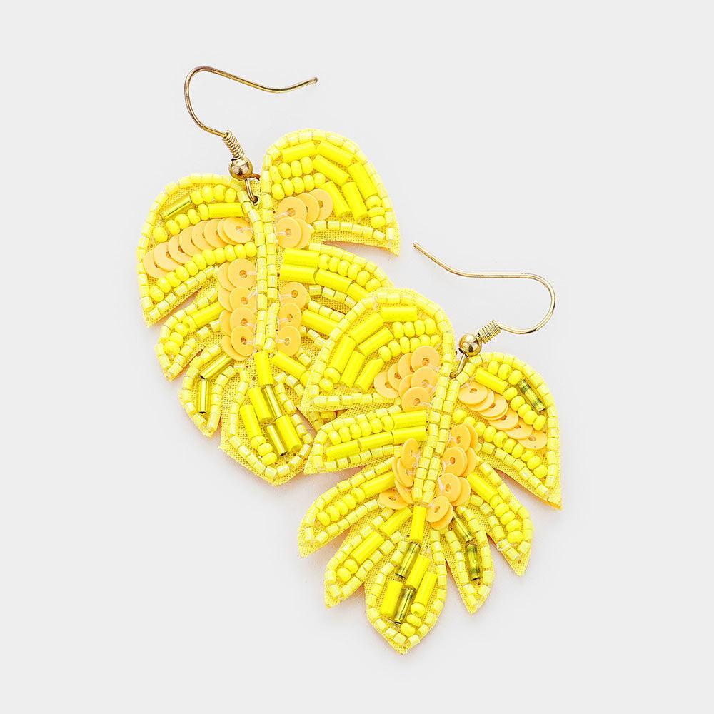 Yellow Leaf Beaded Dangle Earrings