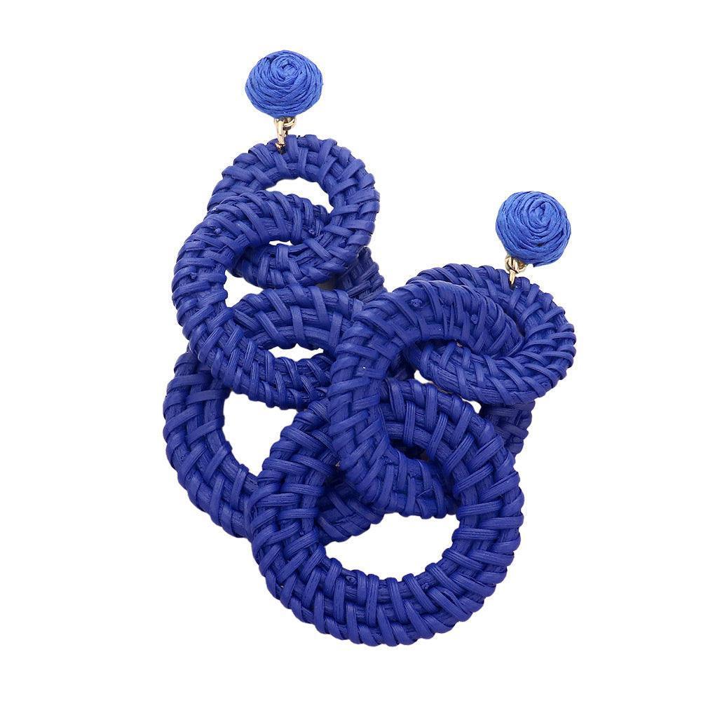 Blue Woven Wood Triple Open Circle Link Dangle Earrings - Jewelry Store by Erik Rayo