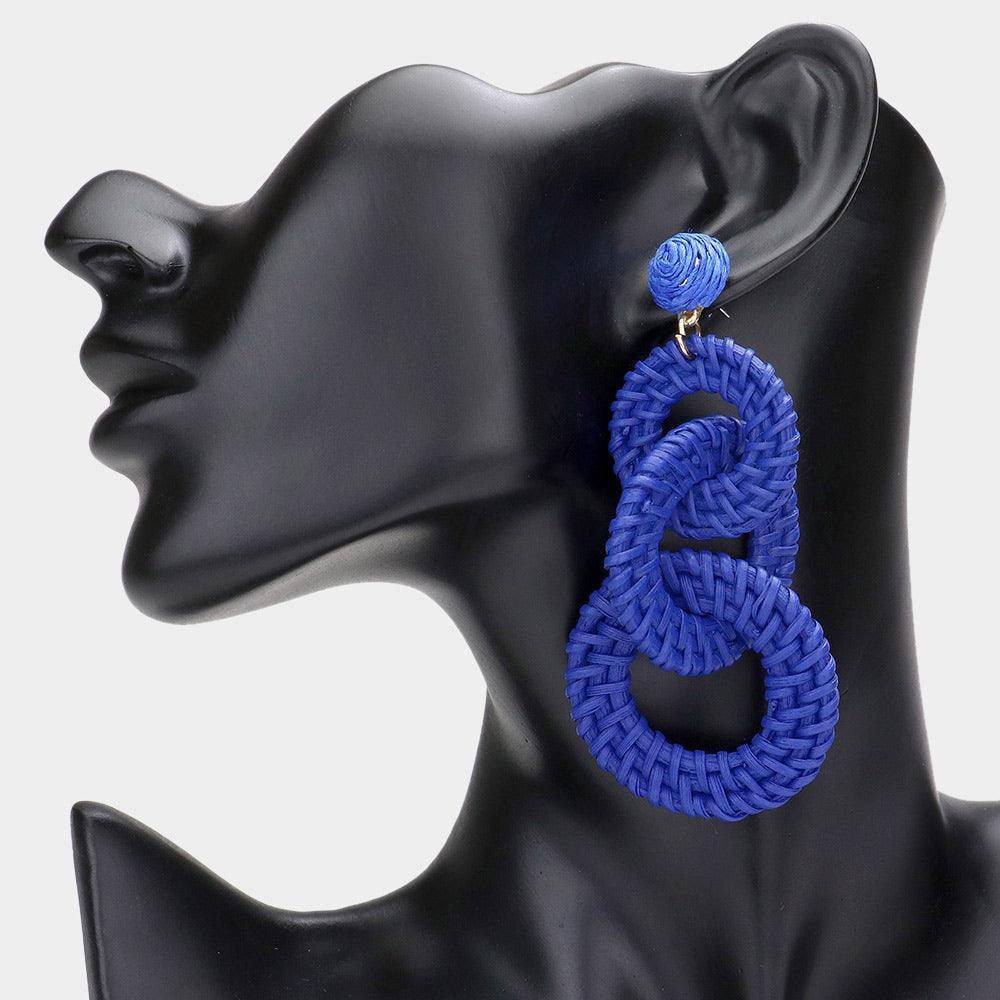 Blue Woven Wood Triple Open Circle Link Dangle Earrings - Jewelry Store by Erik Rayo