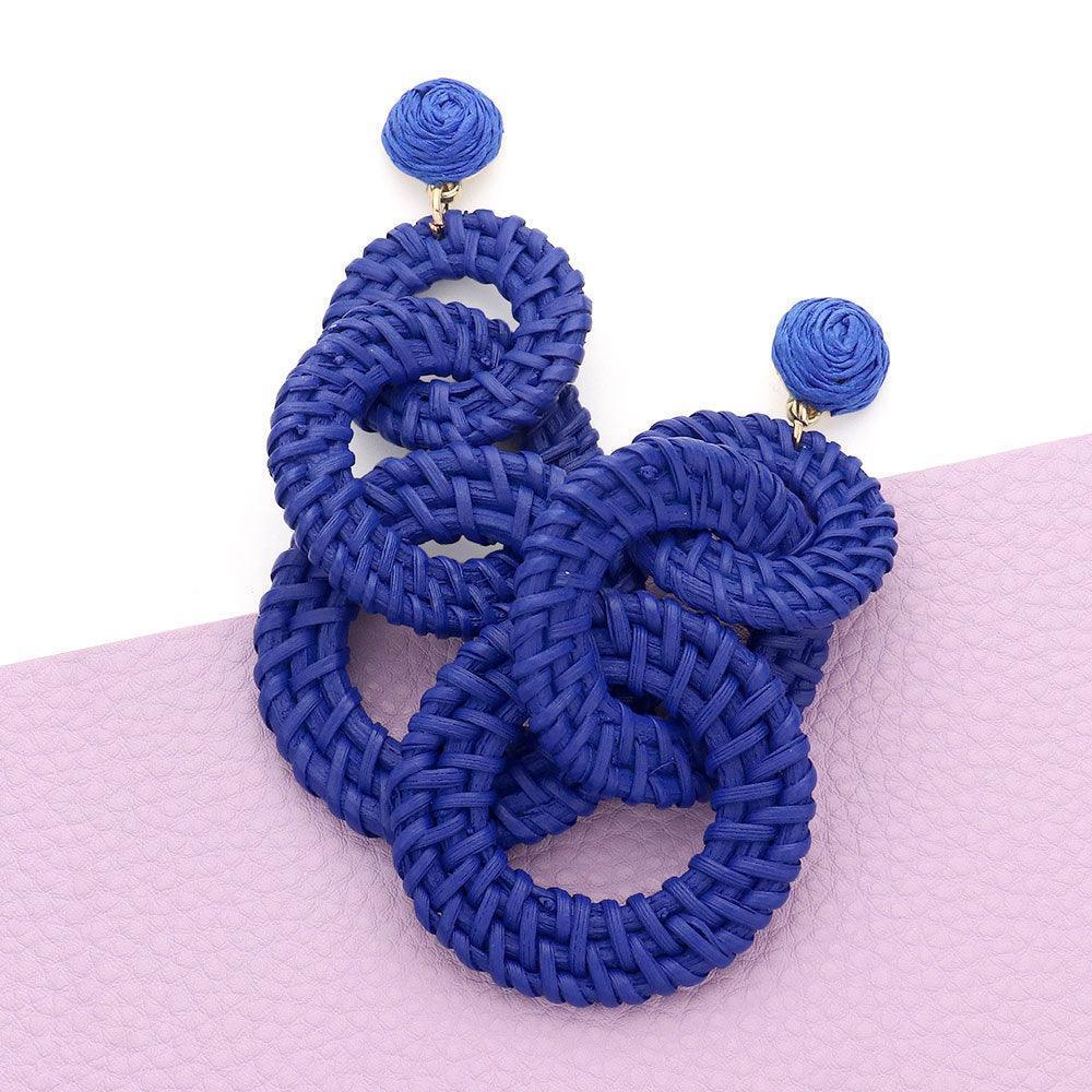 Blue Woven Wood Triple Open Circle Link Dangle Earrings - Jewelry Store by Erik Rayo