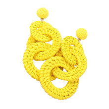 Load image into Gallery viewer, Yellow Woven Wood Triple Open Circle Link Dangle Earrings
