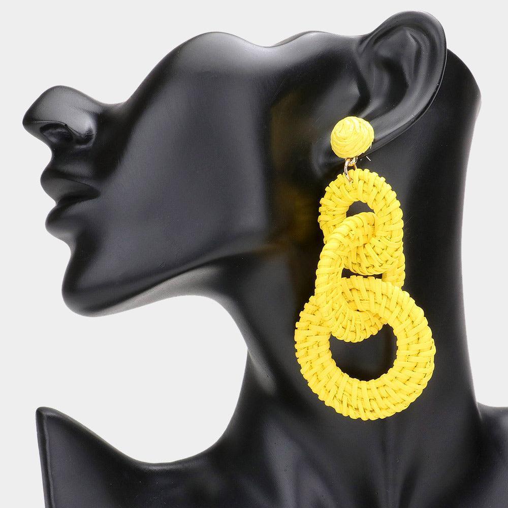 Yellow Woven Wood Triple Open Circle Link Dangle Earrings - Jewelry Store by Erik Rayo