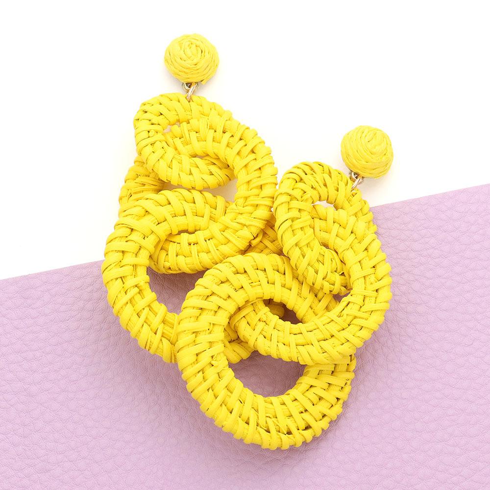 Yellow Woven Wood Triple Open Circle Link Dangle Earrings