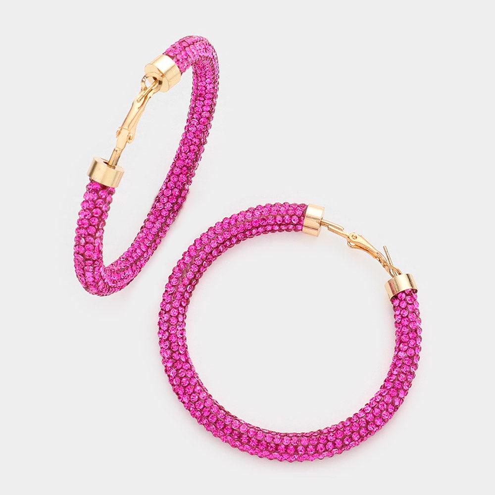 Pink Rhinestone Pave Hoop Earrings