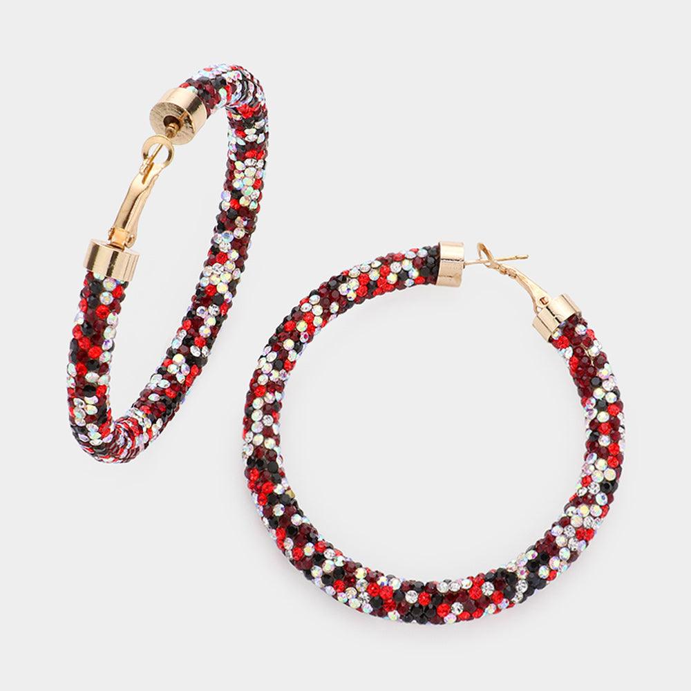 Red Rhinestone Pave Hoop Earrings