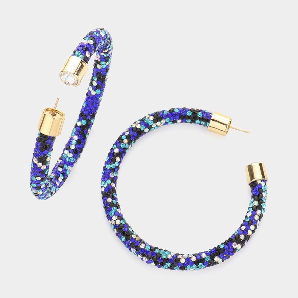 Blue Clear Stone Detail Rhinestone Pave Hoop Earrings - Jewelry Store by Erik Rayo