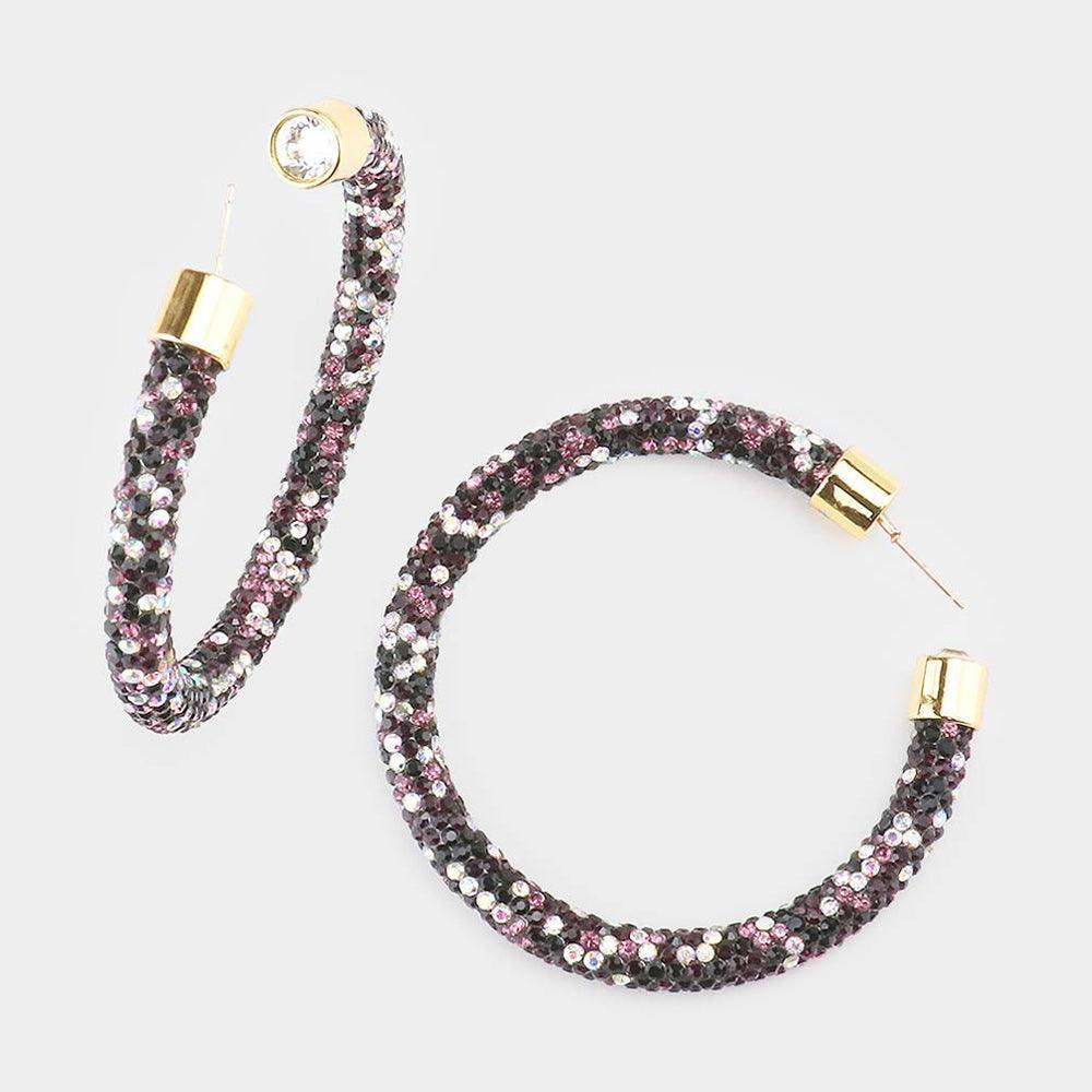 Amethyst Clear Stone Detail Rhinestone Pave Hoop Earrings - Jewelry Store by Erik Rayo