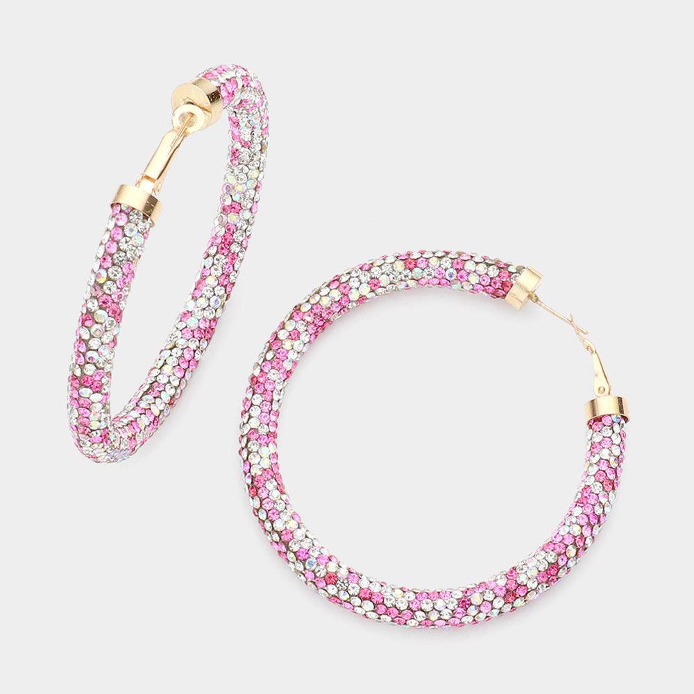 Pink Rhinestone Pave Hoop Earrings