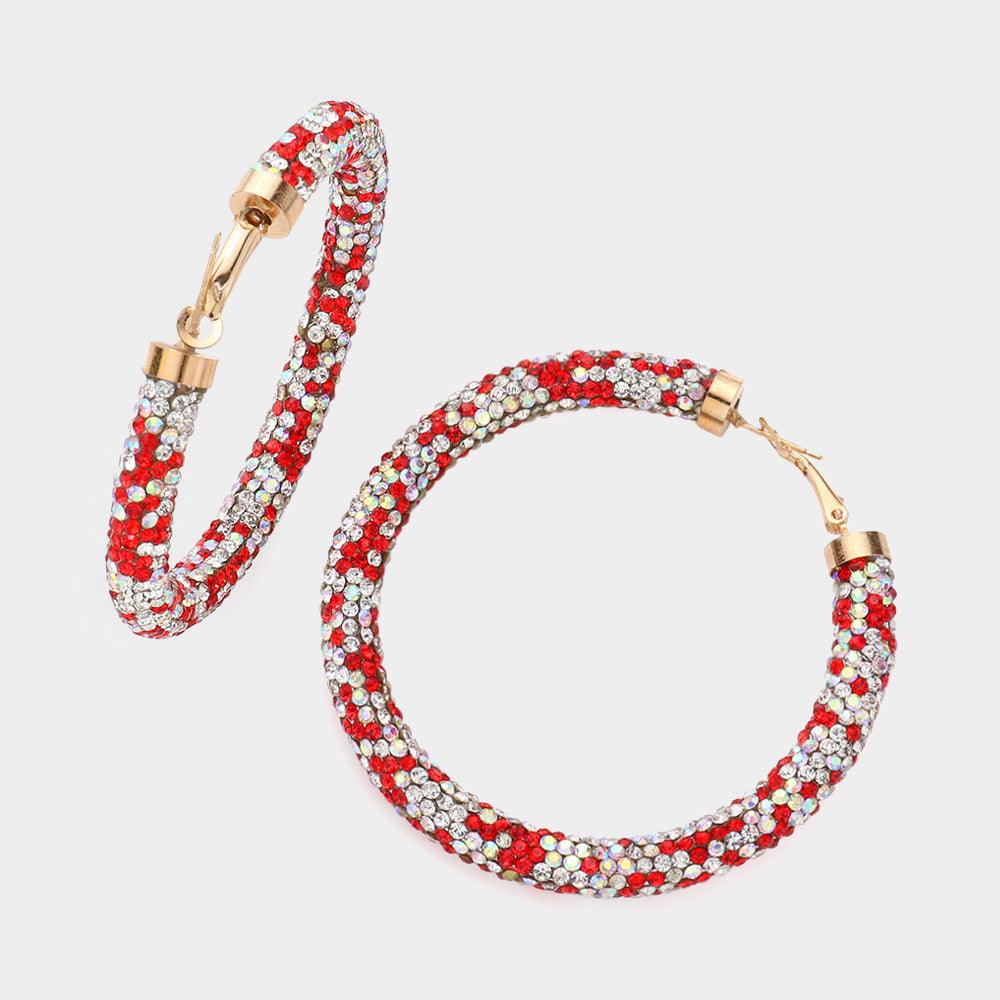 Red Clear Stone Detail Rhinestone Pave Hoop Earrings