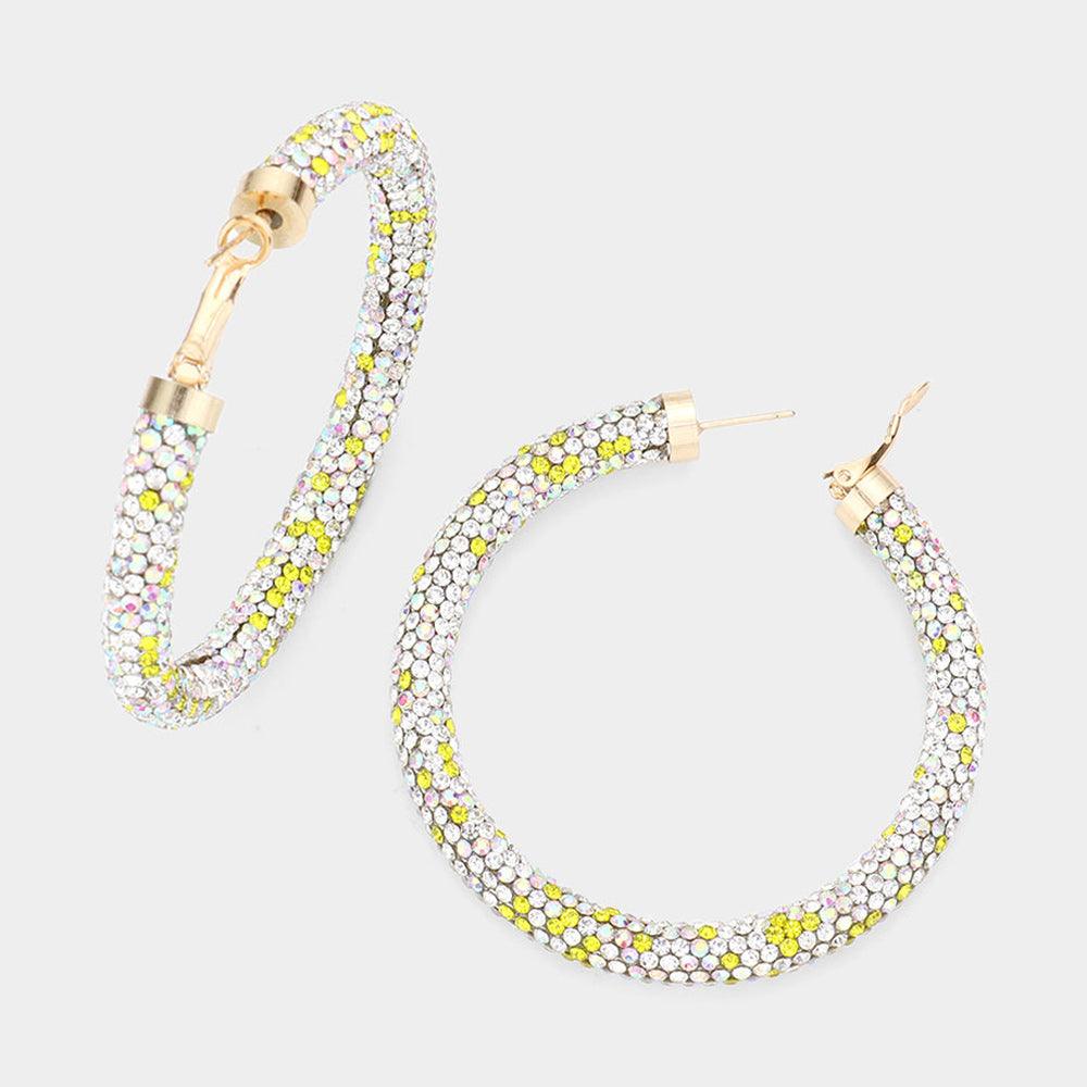 Yellow Rhinestone Pave Hoop Earrings