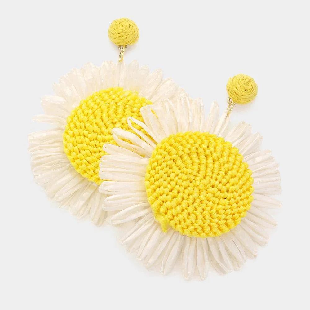 Yellow Raffia Sunflower Dangle Earrings - Jewelry Store by Erik Rayo