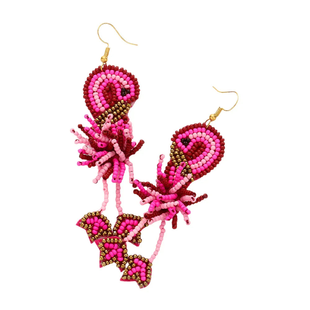 Fuchsia Felt Back Seed Beaded Flamingo Dangle Earrings - Jewelry Store by Erik Rayo