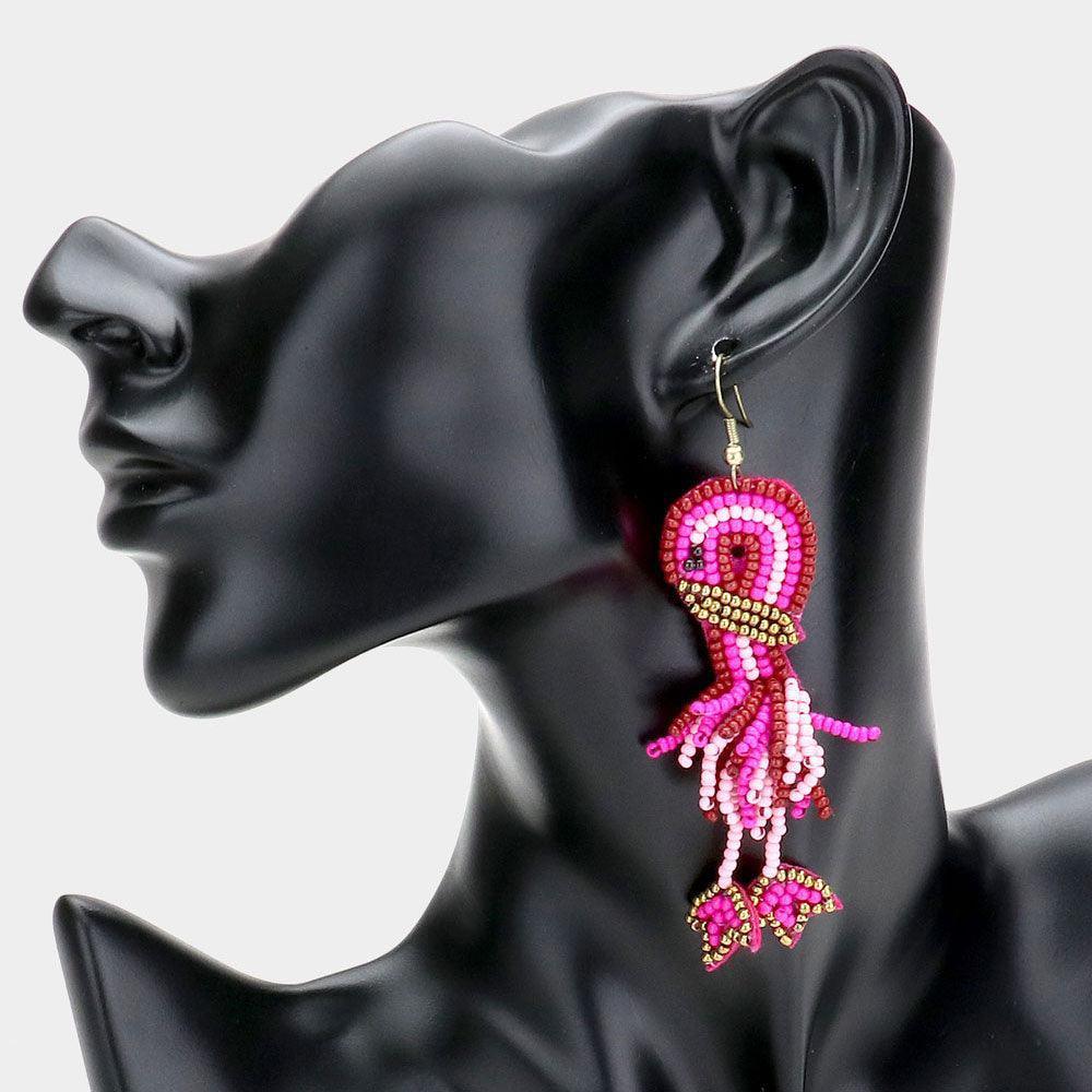 Fuchsia Felt Back Seed Beaded Flamingo Dangle Earrings - Jewelry Store by Erik Rayo