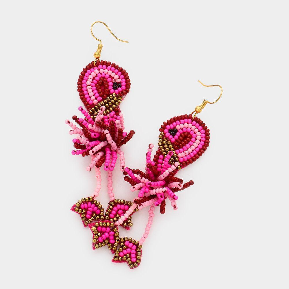 Fuchsia Felt Back Seed Beaded Flamingo Dangle Earrings - Jewelry Store by Erik Rayo