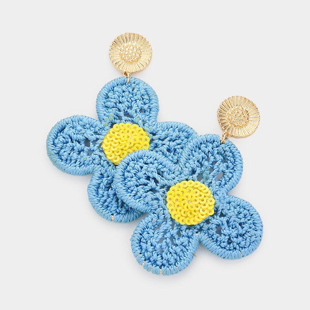 Blue Crochet Flower Dangle Earrings - Jewelry Store by Erik Rayo