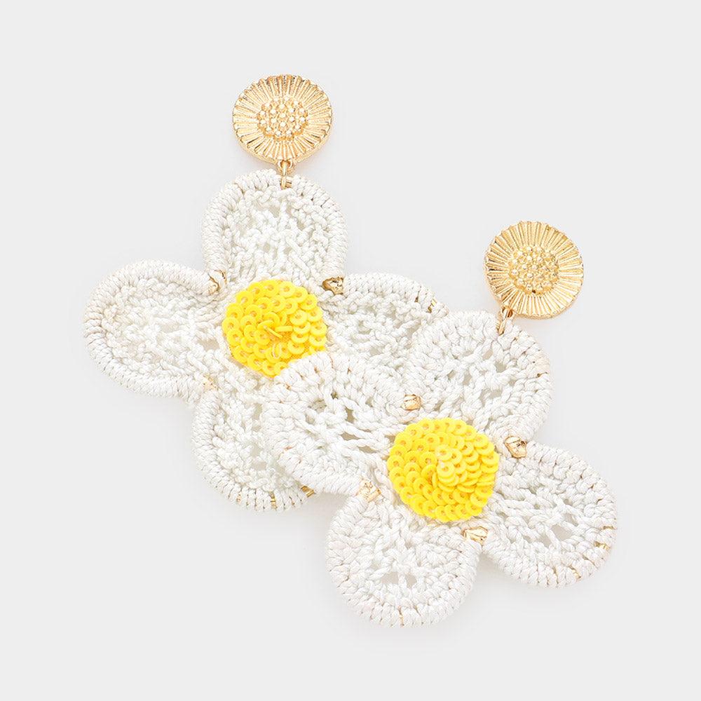 White Crochet Flower Dangle Earrings