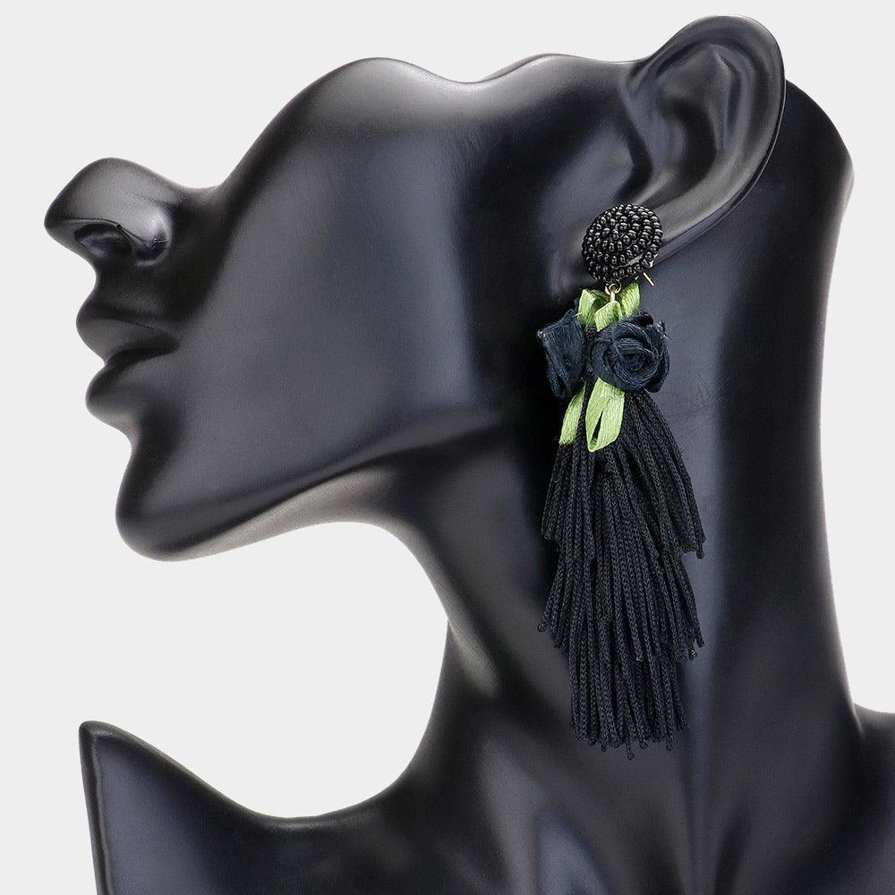 Black Flower Tassel Earrings - Jewelry Store by Erik Rayo