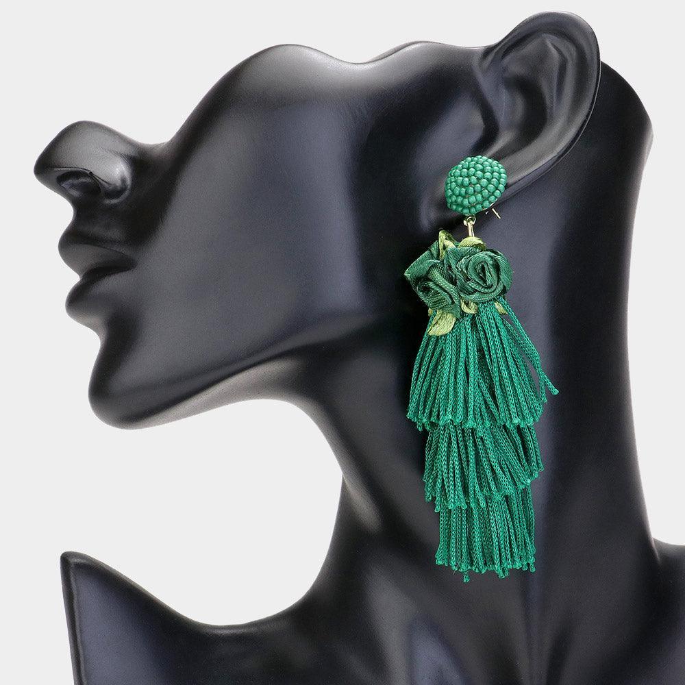 Green Flower Tassel Earrings