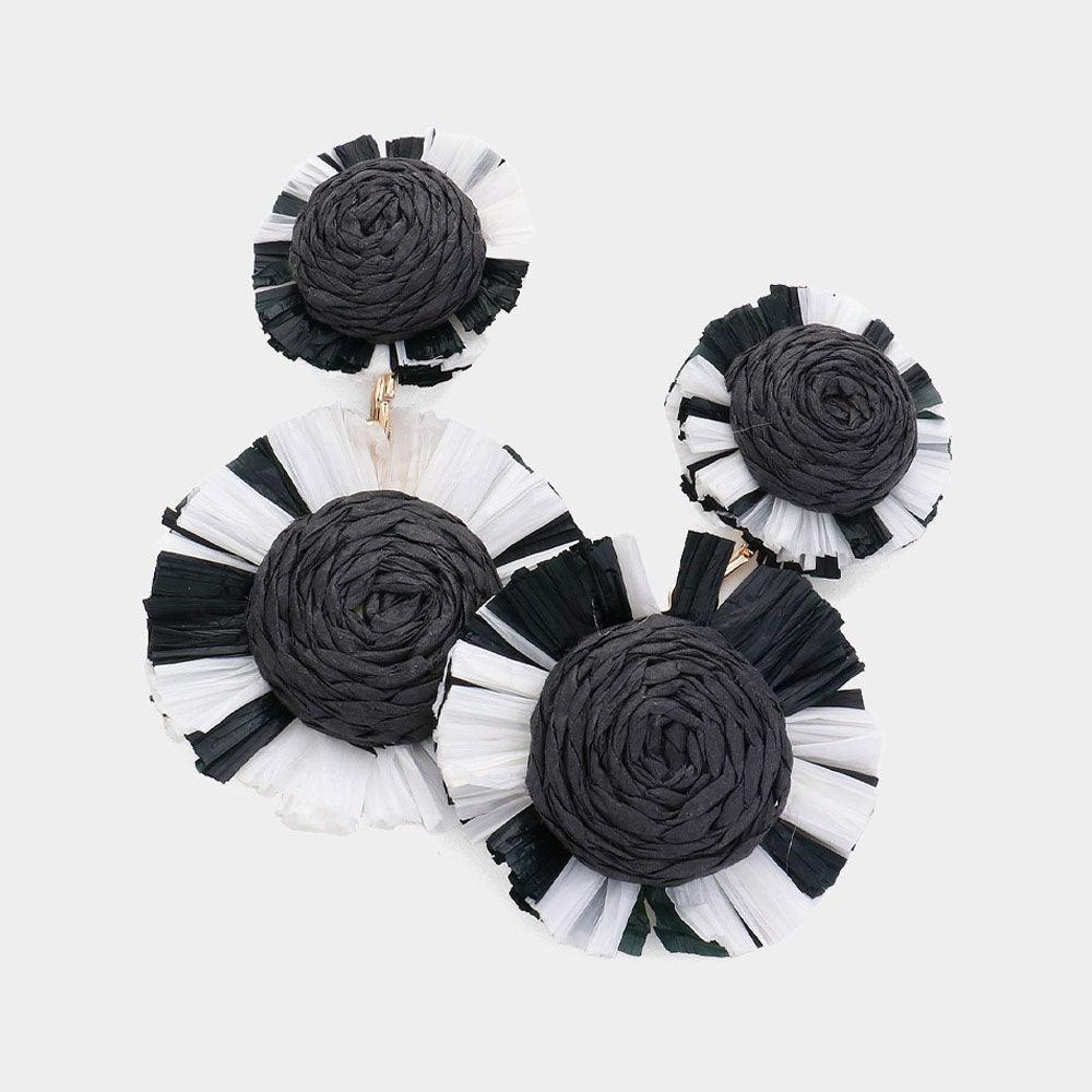 Black Raffia Flower Dangle Earrings