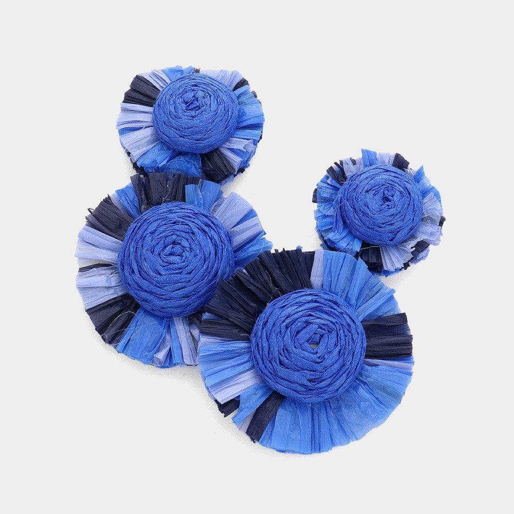 Blue Raffia Flower Dangle Earrings
