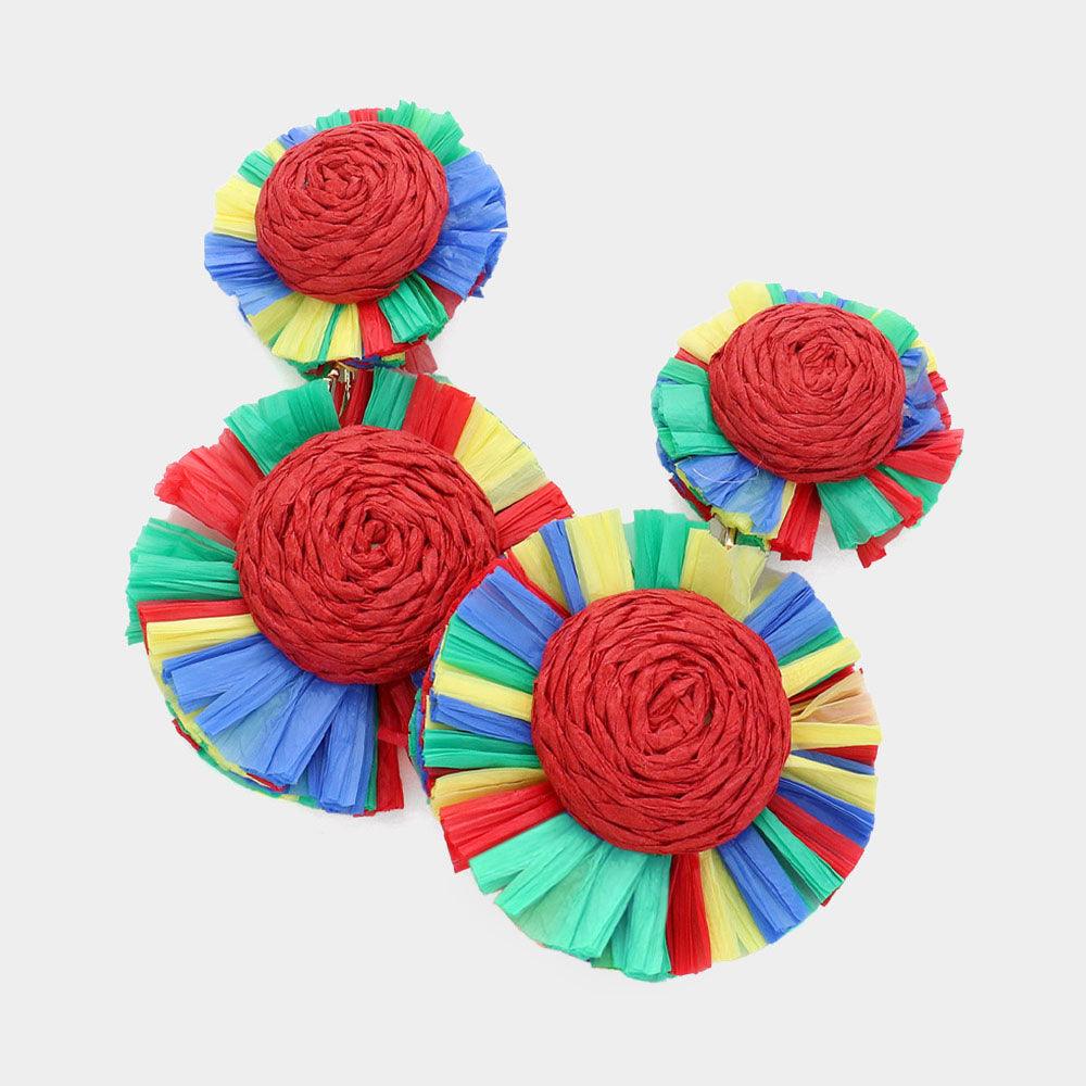 Red Raffia Flower Dangle Earrings
