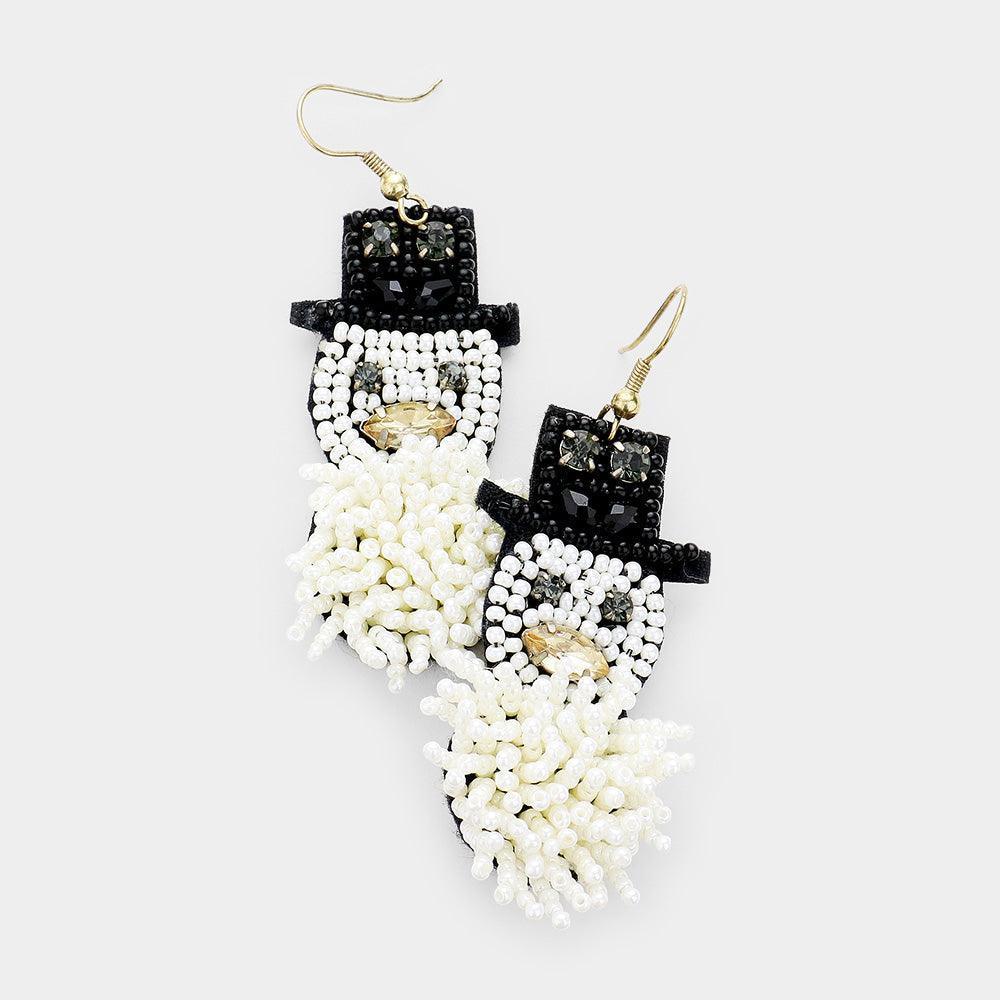 White Christmas Snowman Seed Bead Dangle Earring - Jewelry Store by Erik Rayo