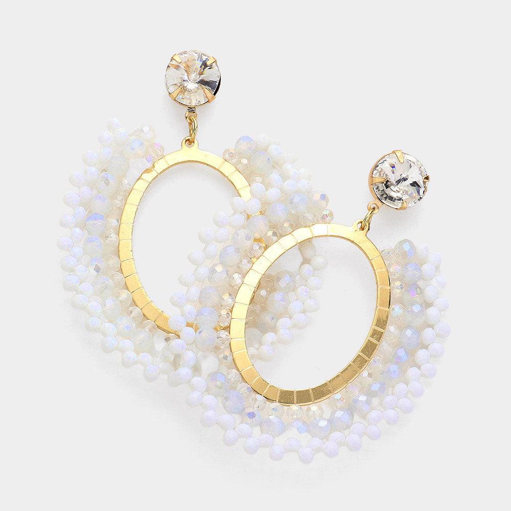 White Faceted Beaded Open Oval Dangle Earrings