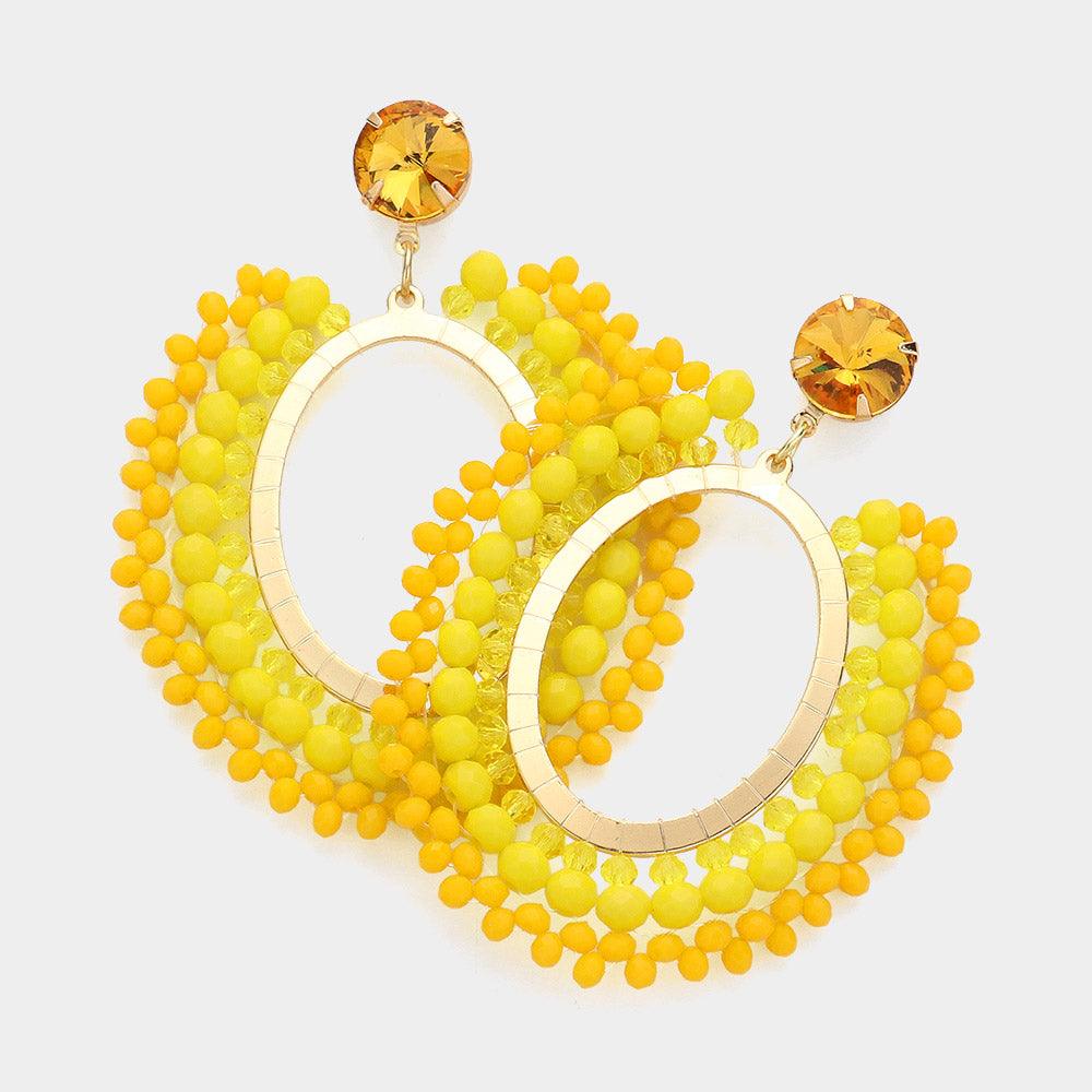 Yellow Faceted Beaded Open Oval Dangle Earrings