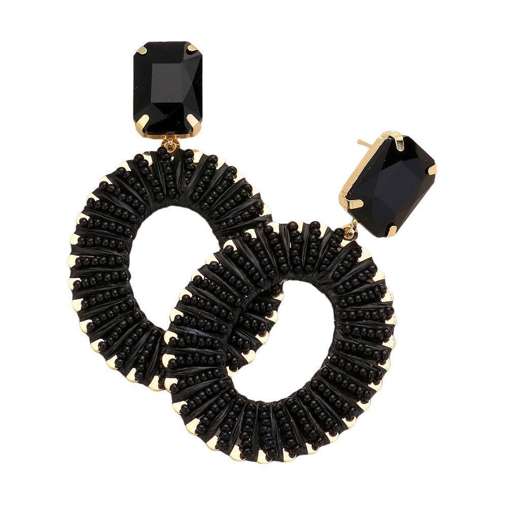 Black Square Stone Cluster Pointed Seed Beaded Thread Wrapped Open Oval Dangle Earrings - Jewelry Store by Erik Rayo