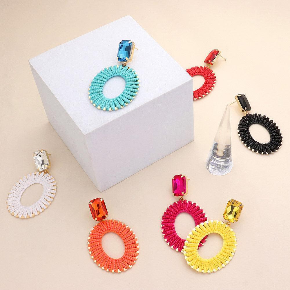 Black Square Stone Cluster Pointed Seed Beaded Thread Wrapped Open Oval Dangle Earrings - Jewelry Store by Erik Rayo