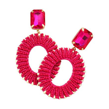 Load image into Gallery viewer, Pink Square Stone Cluster Pointed Seed Beaded Thread Wrapped Open Oval Dangle Earrings
