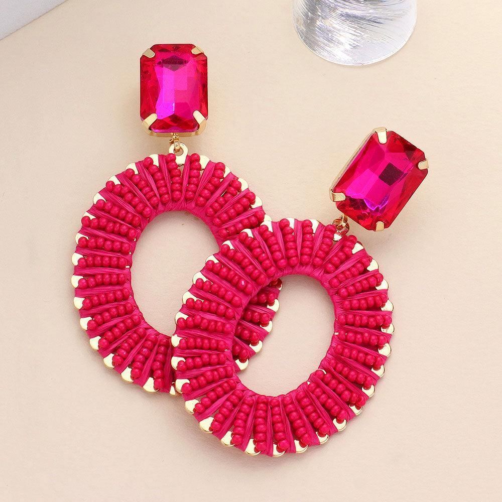 Pink Square Stone Cluster Pointed Seed Beaded Thread Wrapped Open Oval Dangle Earrings - Jewelry Store by Erik Rayo