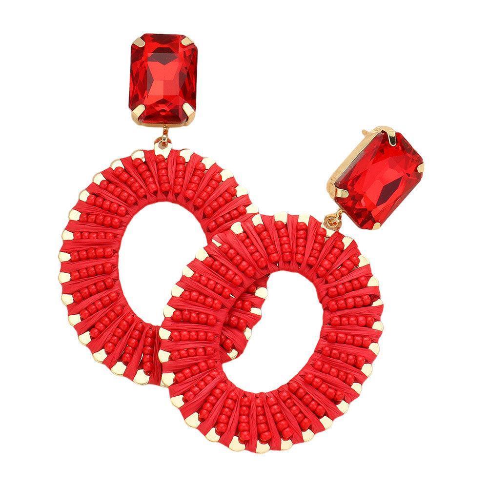 Red Square Stone Cluster Pointed Seed Beaded Thread Wrapped Open Oval Dangle Earrings - Jewelry Store by Erik Rayo