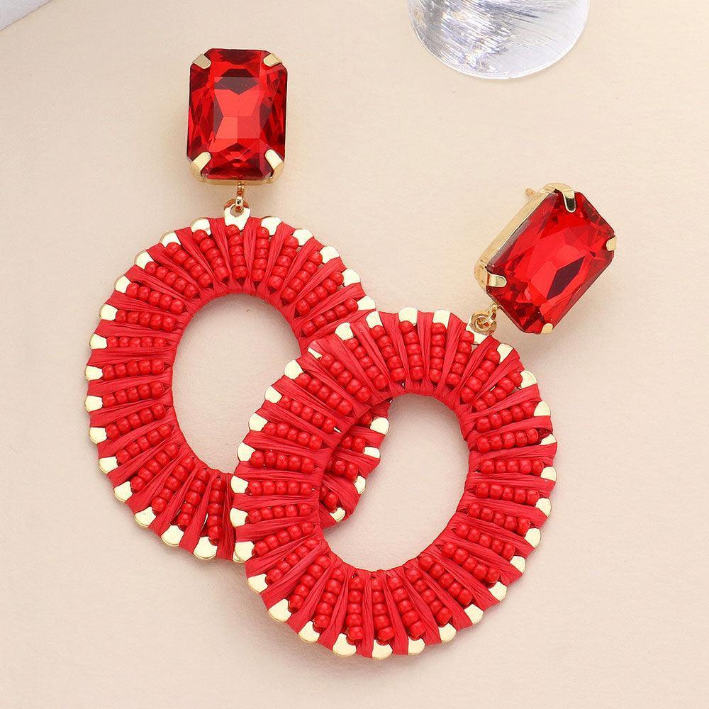 Red Square Stone Cluster Pointed Seed Beaded Thread Wrapped Open Oval Dangle Earrings - Jewelry Store by Erik Rayo