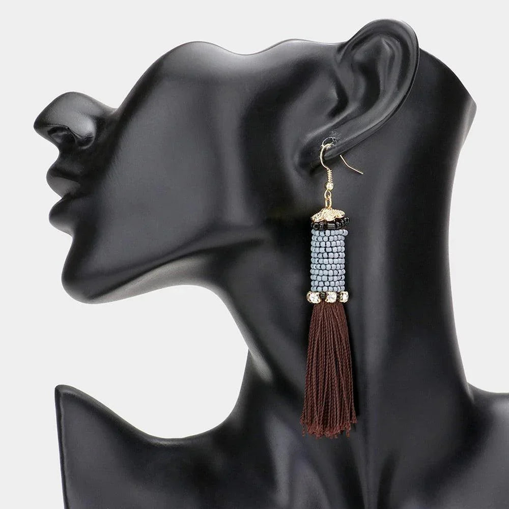 Brown Wrapped Bead Tassel Earrings - Jewelry Store by Erik Rayo