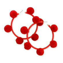 Load image into Gallery viewer, Red Pom Pom Station Hoop Earrings
