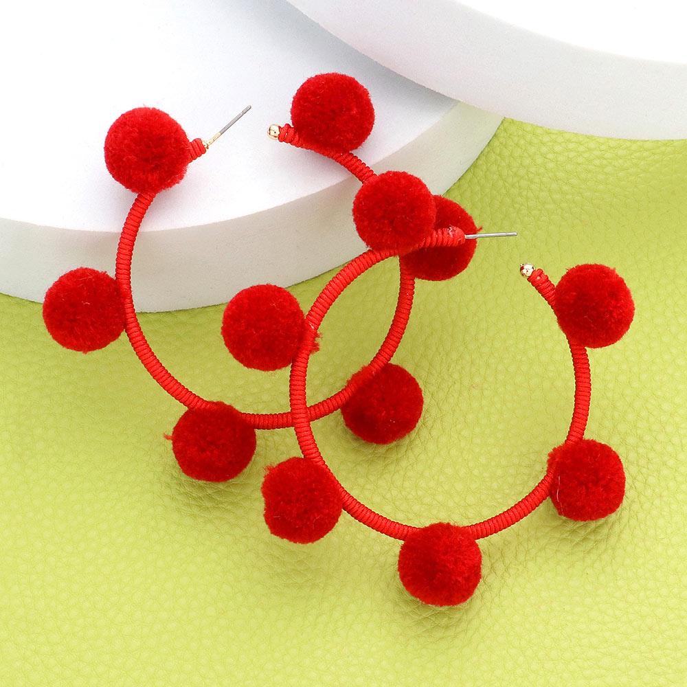 Red Pom Pom Station Hoop Earrings