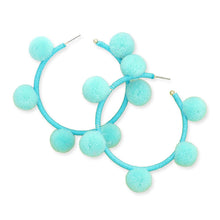 Load image into Gallery viewer, Turquoise Pom Pom Station Hoop Earrings
