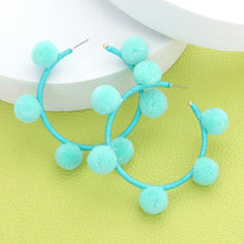 Load image into Gallery viewer, Turquoise Pom Pom Station Hoop Earrings
