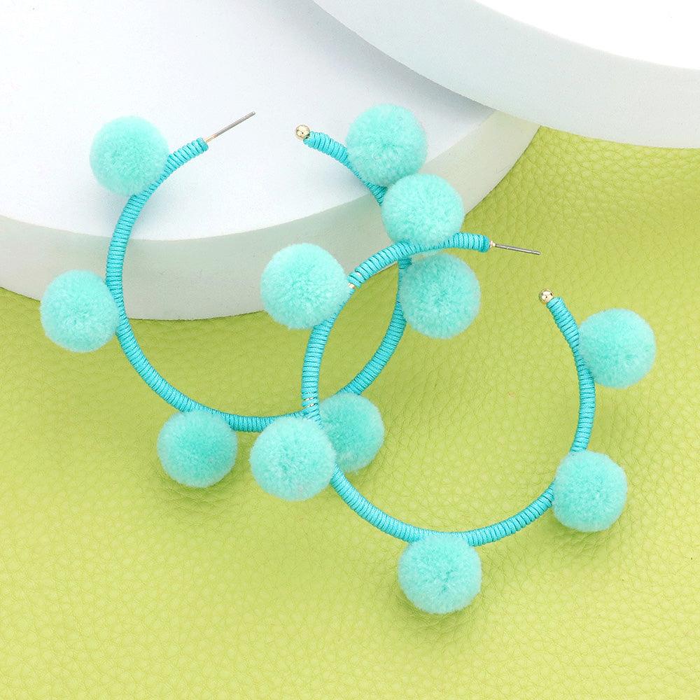 Turquoise Pom Pom Station Hoop Earrings