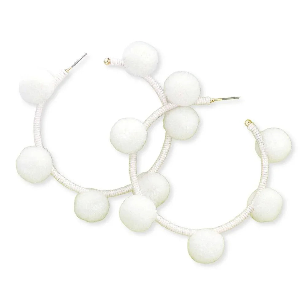White Pom Pom Station Hoop Earrings - Jewelry Store by Erik Rayo