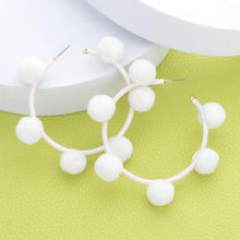 Load image into Gallery viewer, White Pom Pom Station Hoop Earrings
