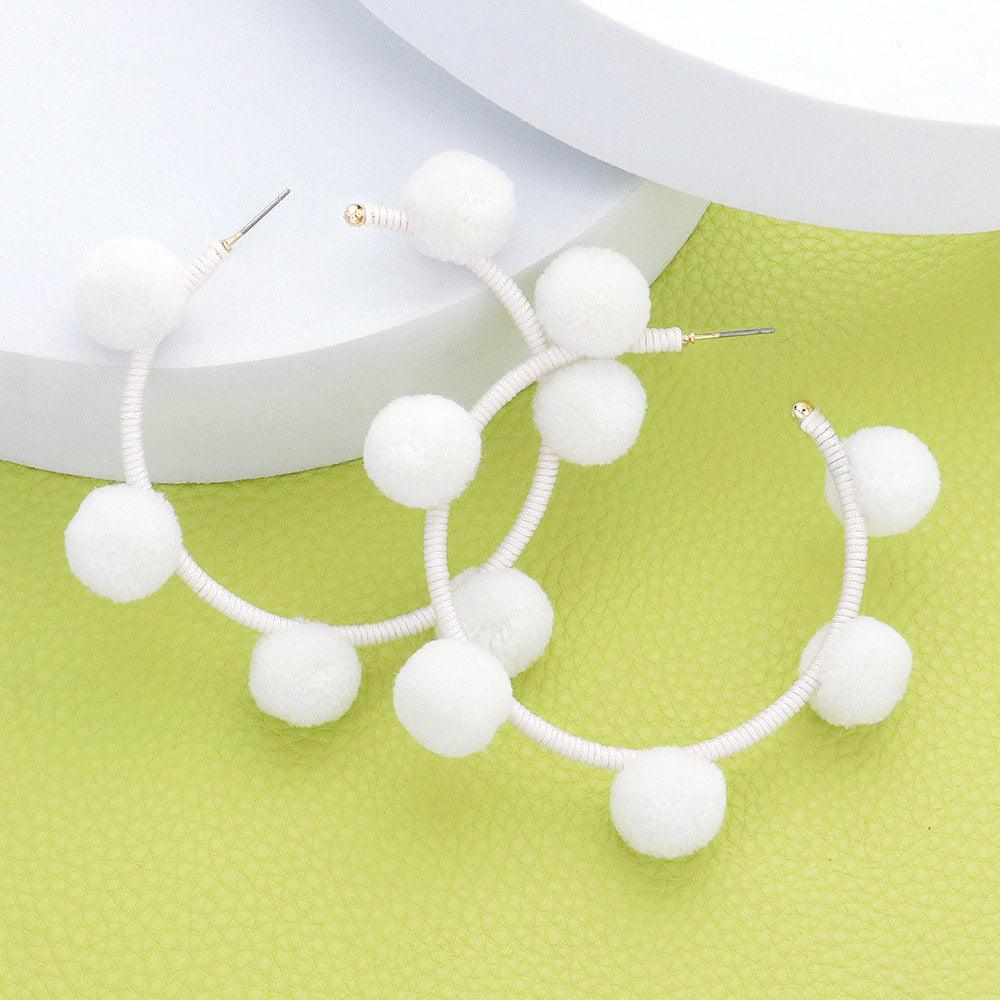 White Pom Pom Station Hoop Earrings