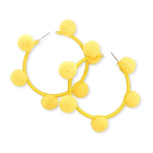 Load image into Gallery viewer, Yellow Pom Pom Station Hoop Earrings
