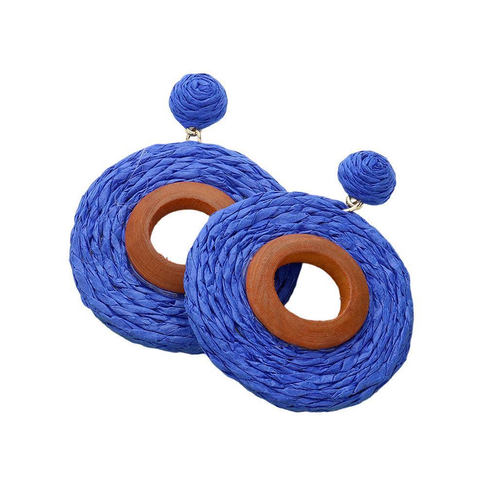 Blue Wood Ring Pointed Raffia Wrapped Ring Dangle Earrings - Jewelry Store by Erik Rayo