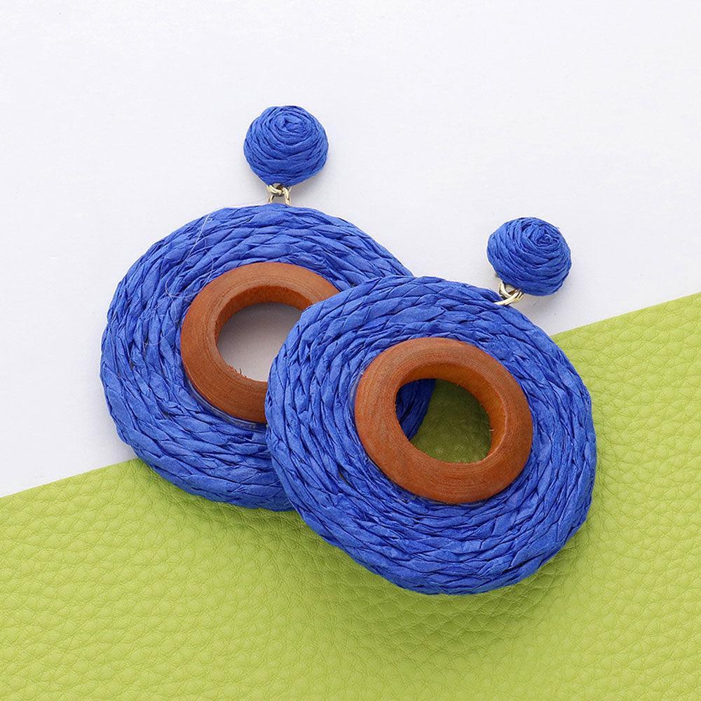 Blue Wood Ring Pointed Raffia Wrapped Ring Dangle Earrings - Jewelry Store by Erik Rayo